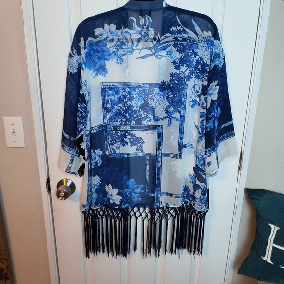 Chico's Travelers S/M Multicolor Floral Oriental Kimono Fringe Open Cardigan - Picture 5 of 7